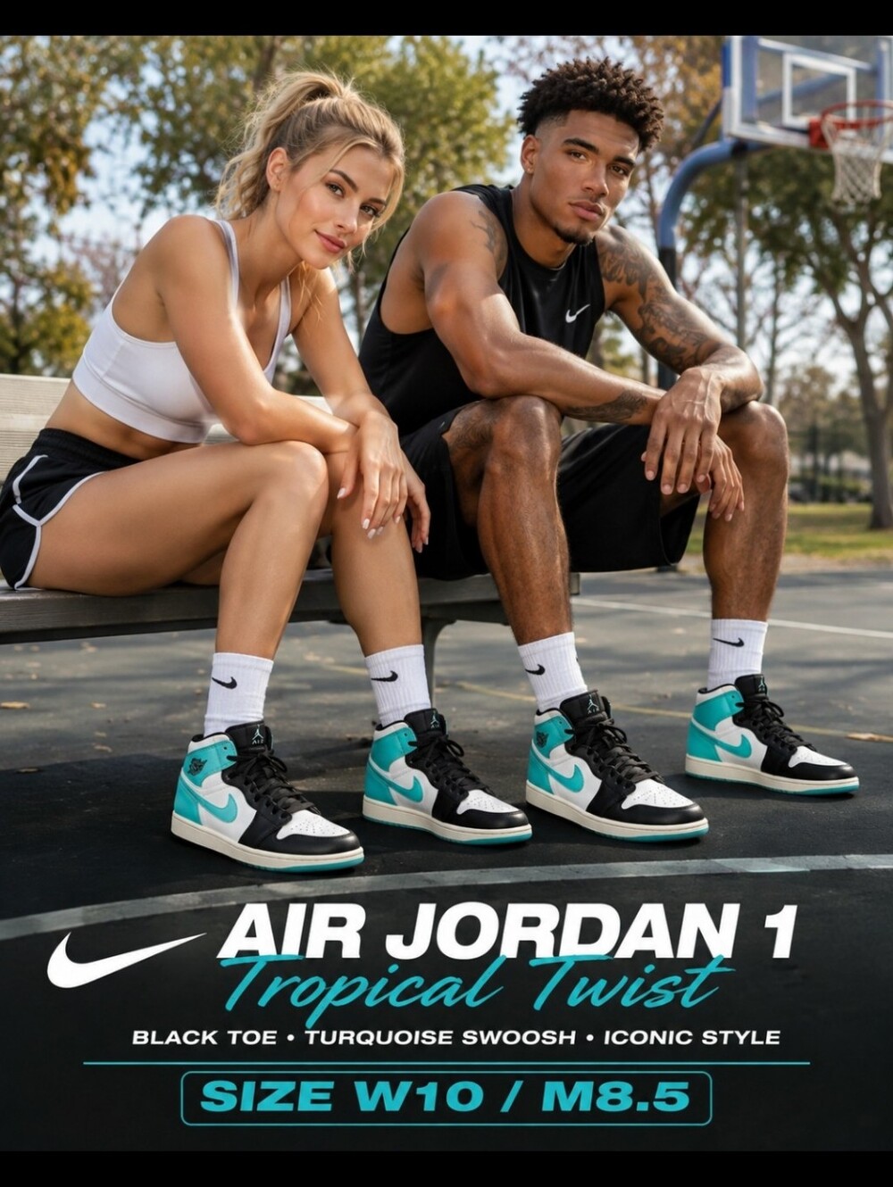 Nike Air Jordan 1 Mid Tropical Twist Black Toe Turquoise Men 8.5 / Women 10